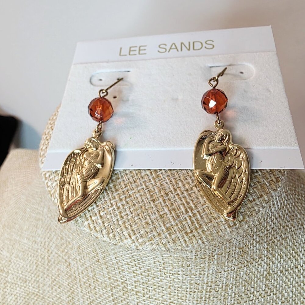 Vtg Lee Sands Winged Angels Dangle Drop Gold Tone Amber Bead Earrings - Picture 2 of 4